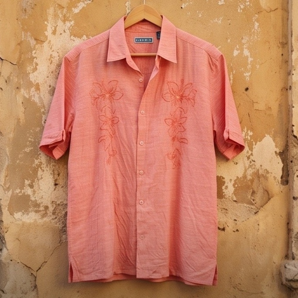 Cubavera Mens M Linen Cotton Embroidered Camp Shirt Coral Pink Medium Guayabera